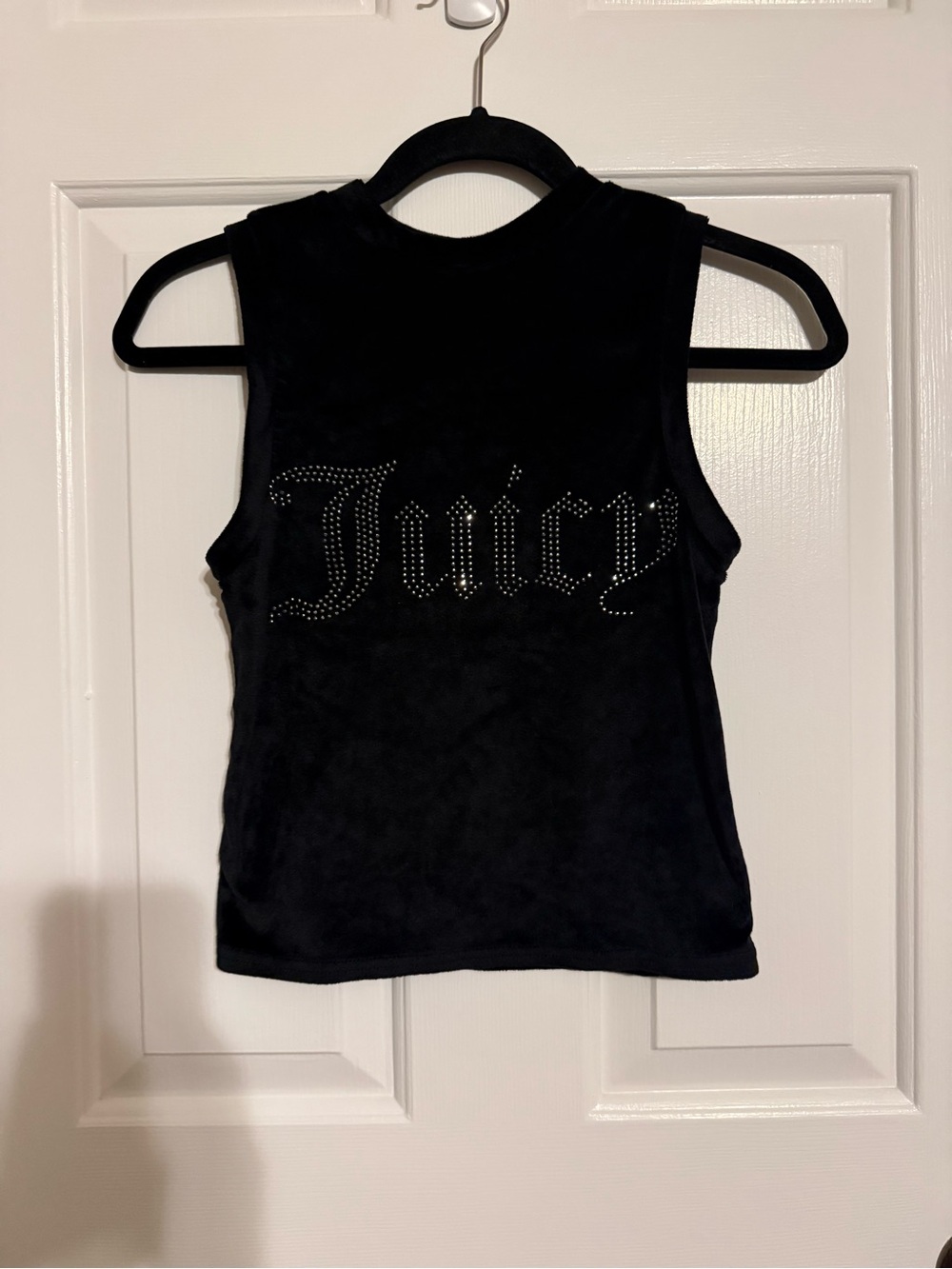 Juicy Couture Black Velour Crystal Logo Muscle Tank Top Small Y2K Sleepwear